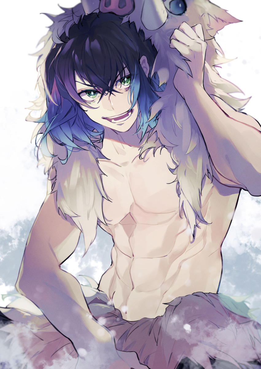 1boy, black_hair, fur, gradient_hair, green_eyes, hashibira_inosuke, highres, kimetsu_no_yaiba