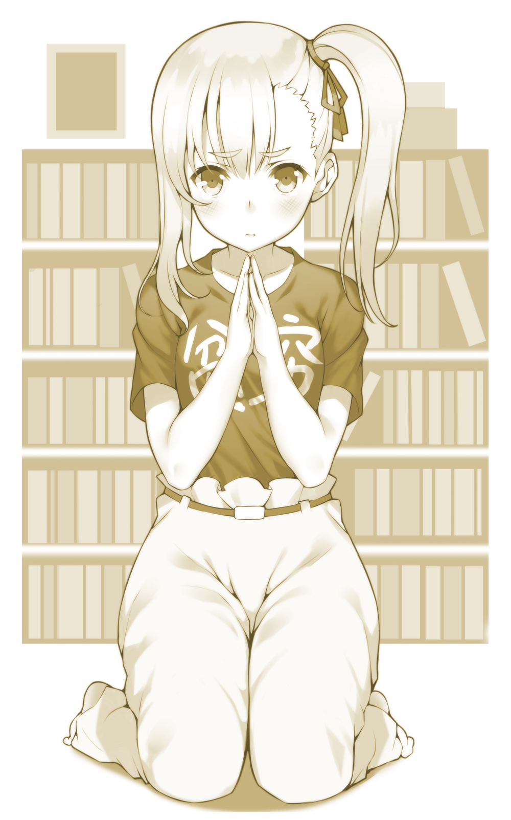 1girl, :/, anzu_(hinamatsuri), barefoot, belt, black_shirt, closed_mouth, clothes_writing