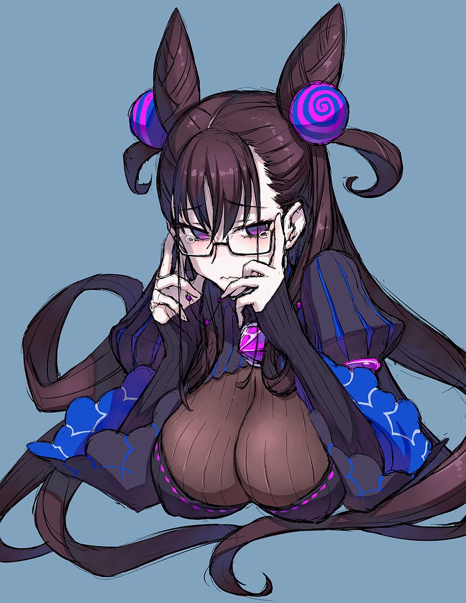 1girl, amethyst_(gemstone), black_dress, blush, breasts, brown_hair, covered_nipples, double_bun