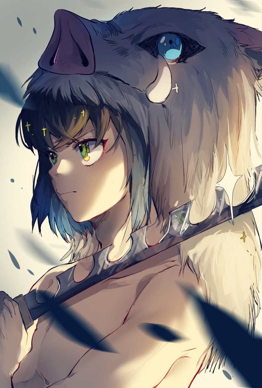 1boy, black_hair, bokuken, fur, gradient_hair, green_eyes, hashibira_inosuke, highres