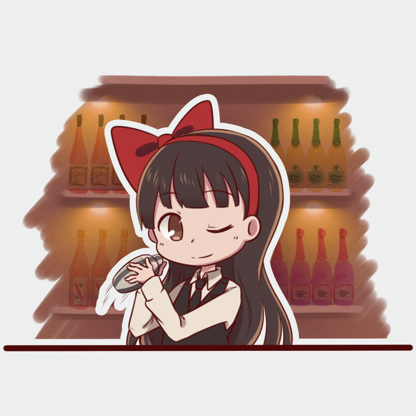 1girl, bar, bartender, black_hair, black_neckwear, blush, bow, brown_eyes