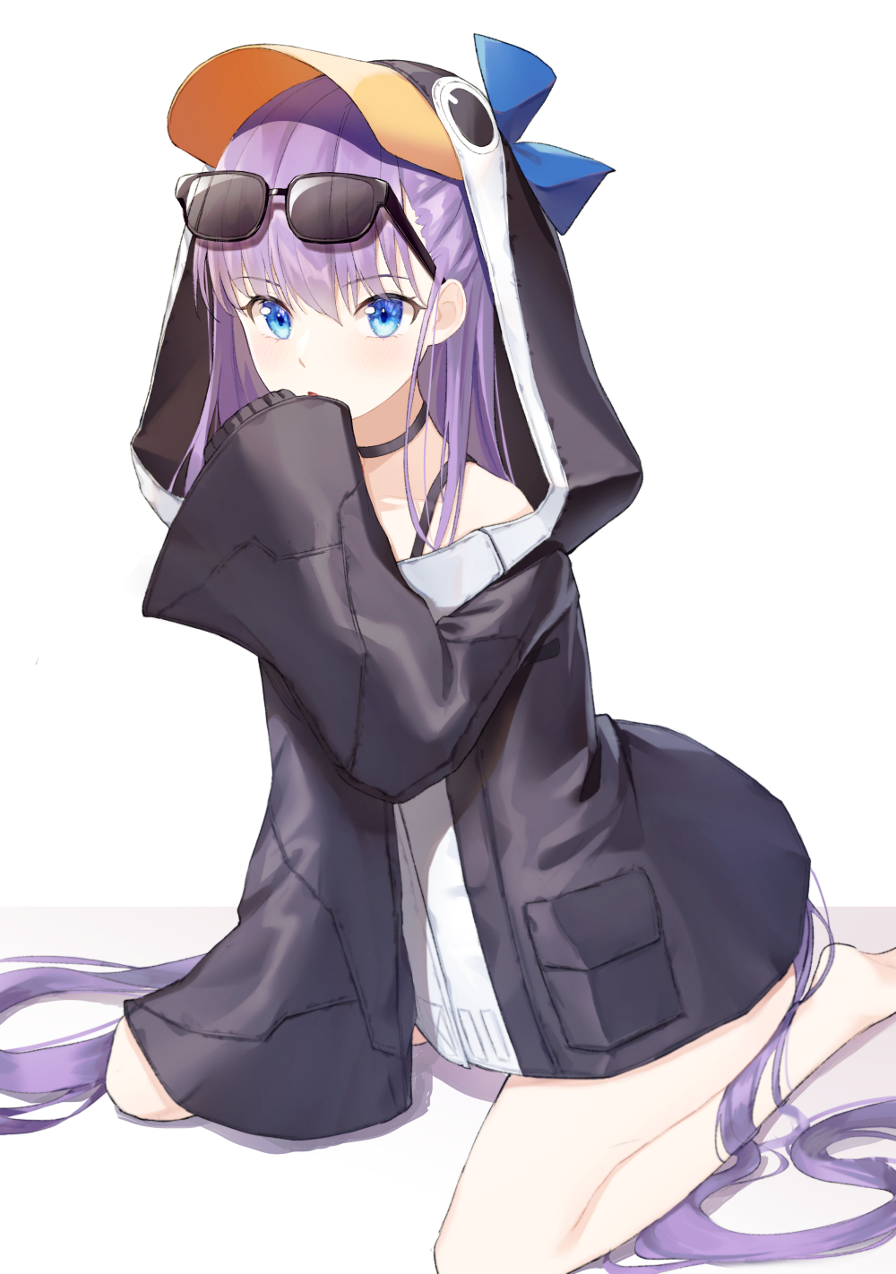 1girl, animal_hood, bangs, bare_shoulders, black_jacket, blue_bow, blue_eyes, bow