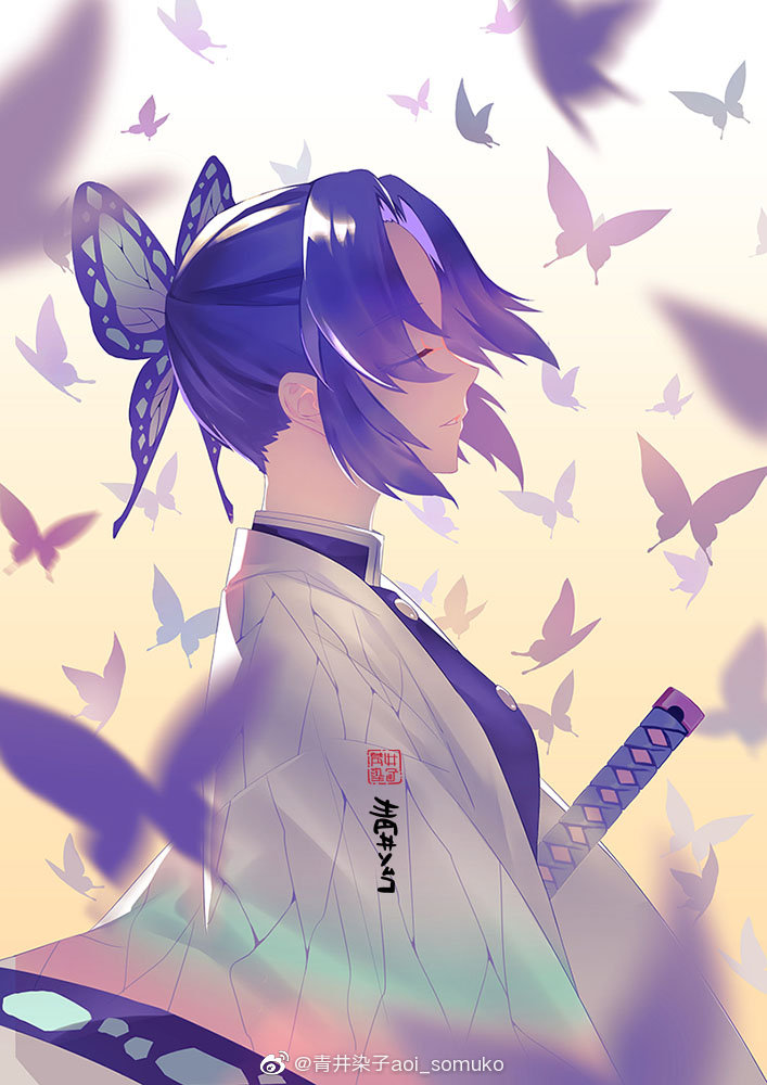 1girl, black_hair, bug, butterfly, butterfly_hair_ornament, closed_eyes, hair_ornament, haori, insect, japanese_clothes, kimetsu_no_yaiba, kochou_shinobu, mimiz, parted_lips, profile, sidelocks, solo, sword, uniform, upper_body, weapon