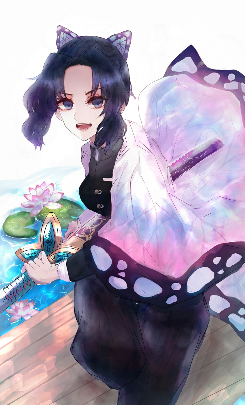 1girl, black_hair, butterfly_hair_ornament, ellen6468, hair_ornament, haori, highres, holding