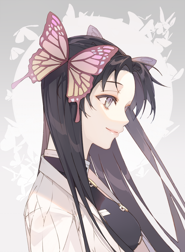 1girl, bangs, black_hair, black_jacket, breasts, butterfly_hair_ornament, closed_mouth, commentary_request