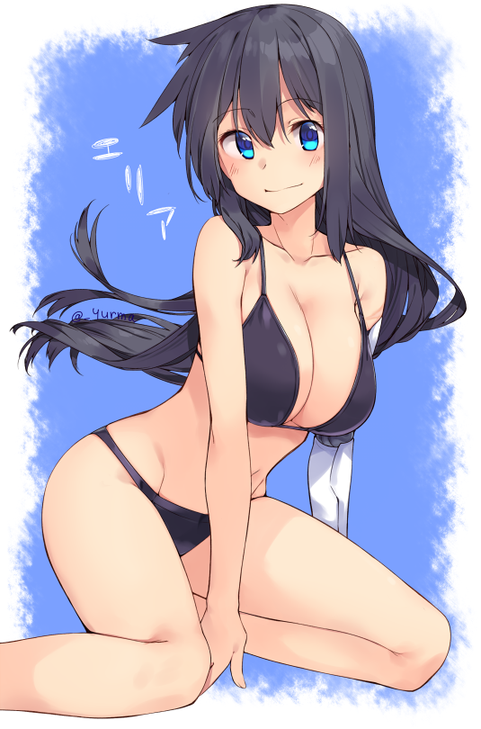 1girl, adyisu, area_aquamarine, bangs, bare_arms, bare_shoulders, between_legs, bikini
