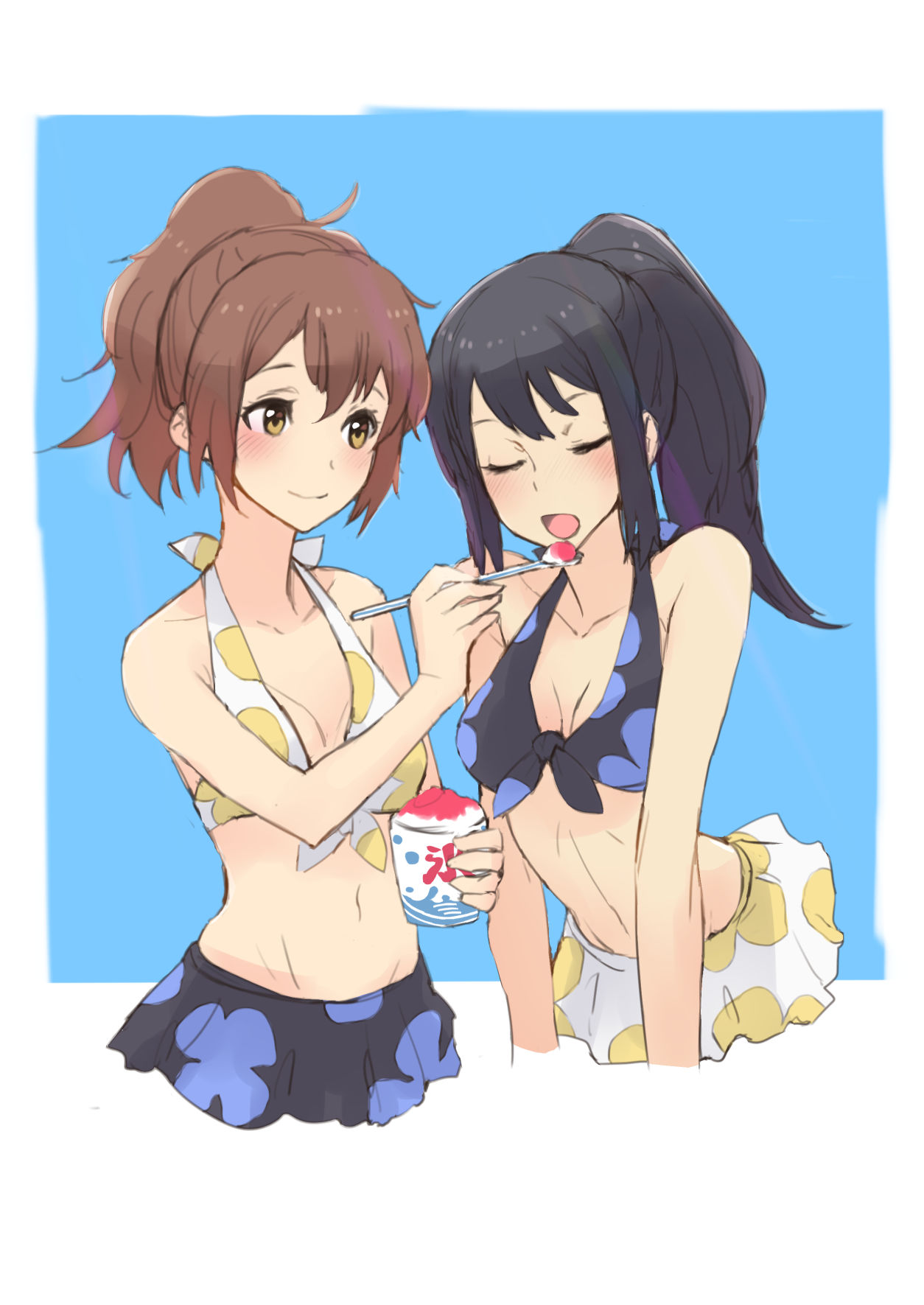 2girls, bana_(stand_flower), bikini_skirt, bikini_top, black_hair, brown_eyes, brown_hair, closed_eyes