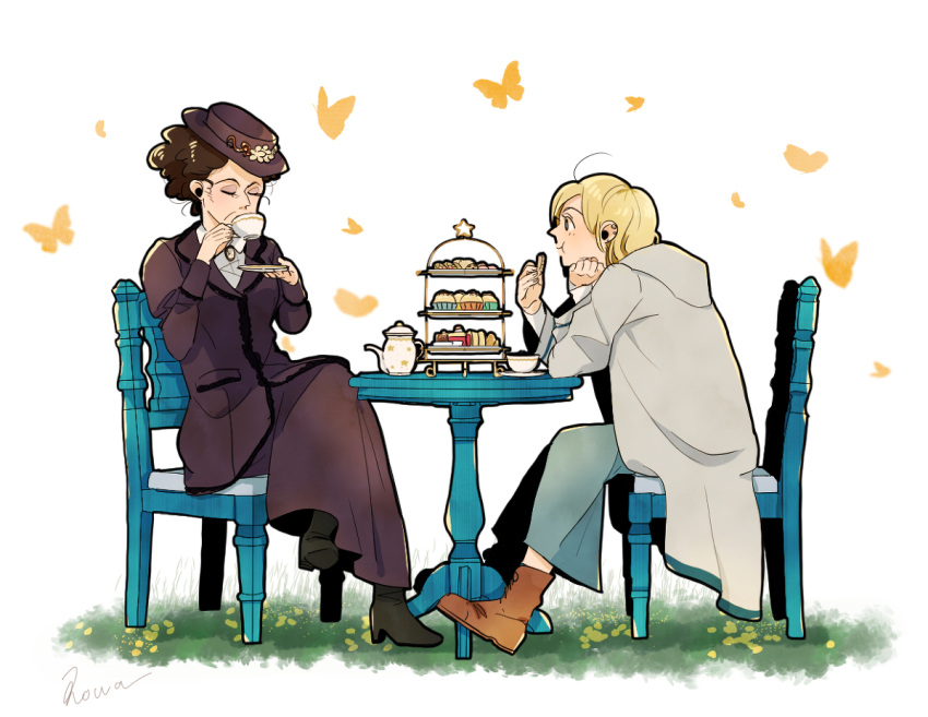 2girls, bakery, black_hair, blonde_hair, bug, butterfly, chair, cup