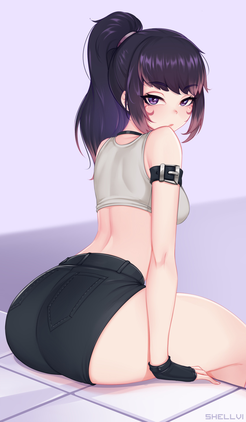 1girl, absurdres, arm_strap, artist_name, ass, back, bare_arms, bare_shoulders