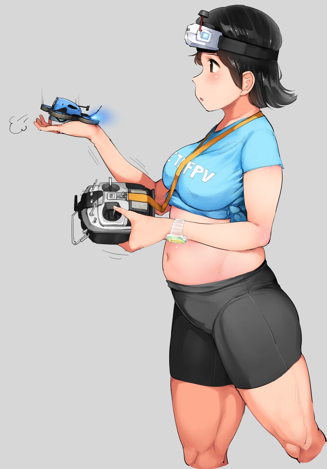 1girl, belly, bike_shorts, black_hair, blush, breasts, character_request, controller
