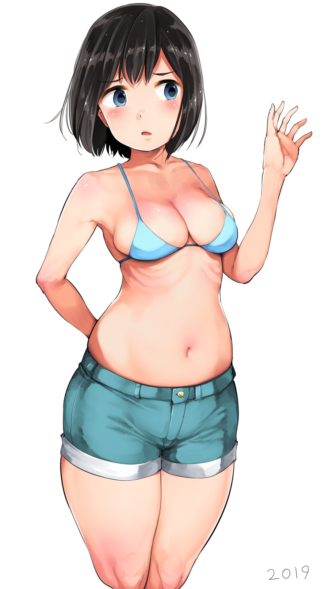 1girl, 2019, arm_behind_back, bangs, bikini_top, black_hair, blue_eyes, blush