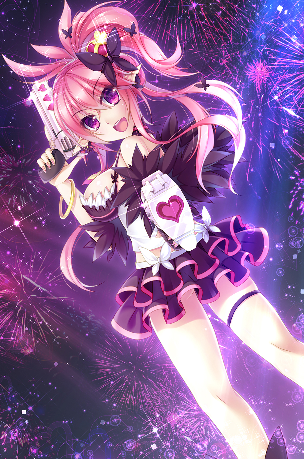crown, disgaea, disgaea_5, garter, gun, makai_senki_disgaea_5, pink_hair, purple_background