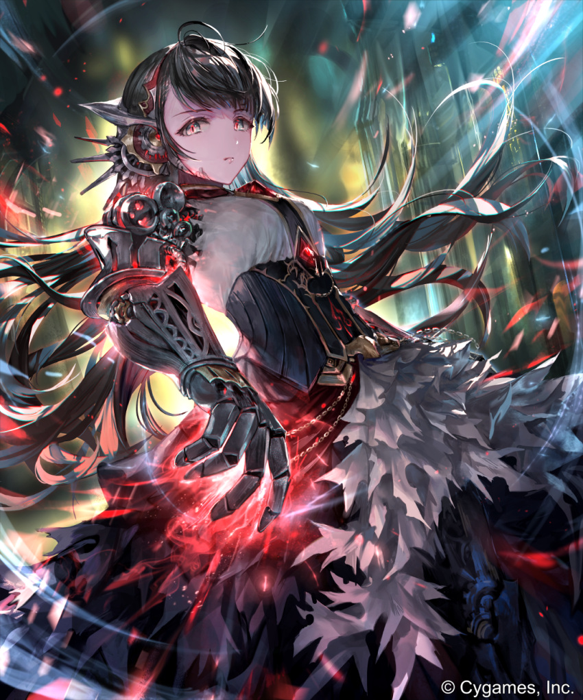 1girl, android, armor, bangs, black_hair, blurry, blurry_background, breasts