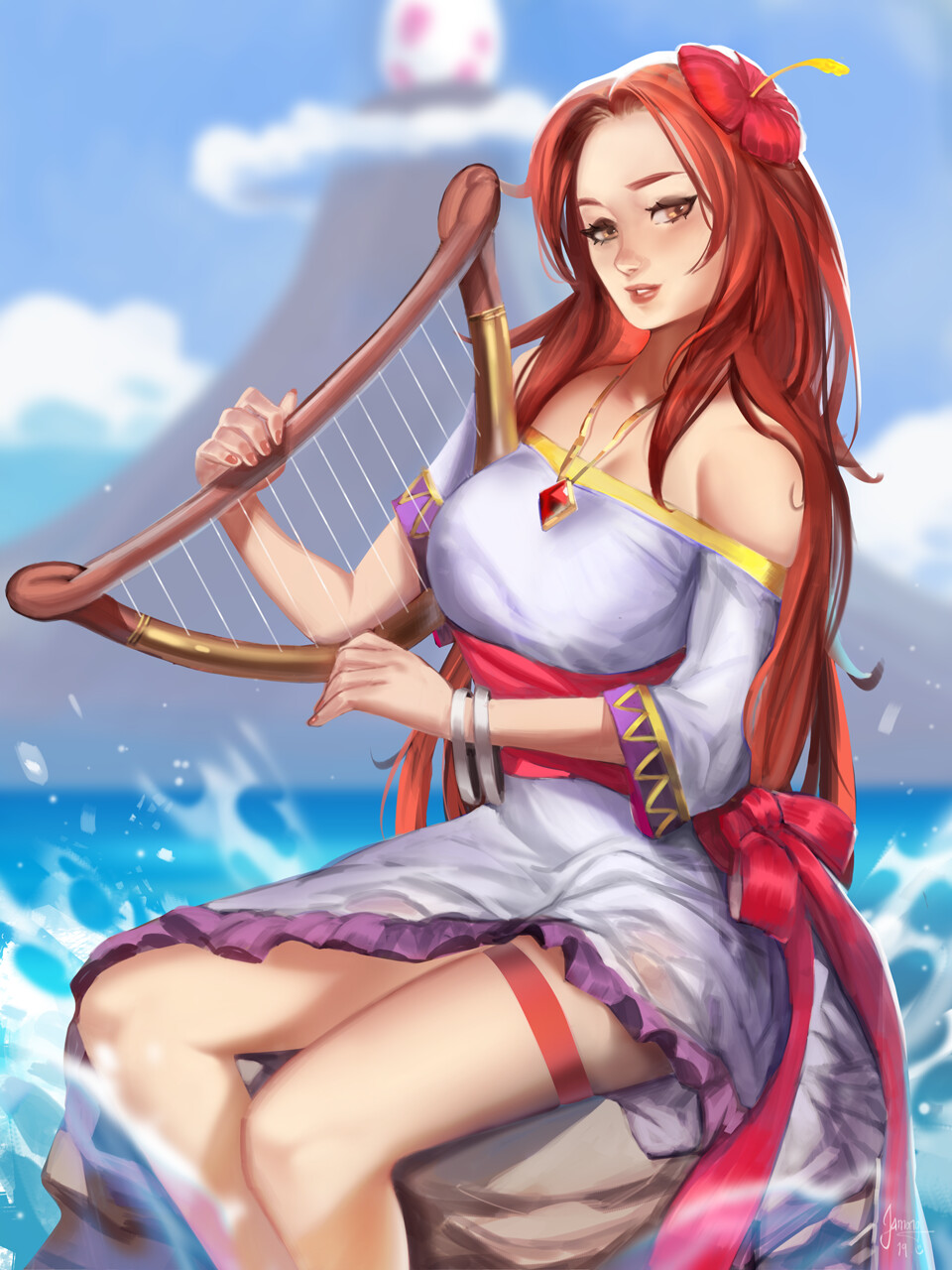 1girl, artist_name, bangle, blue_sky, bracelet, breasts, brown_eyes, brown_hair