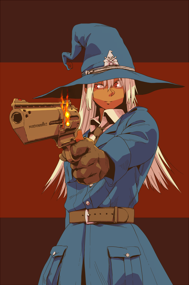 1girl, a.hebmuller, aiming, aiming_at_viewer, bangs, belt, belt_buckle, black_neckwear