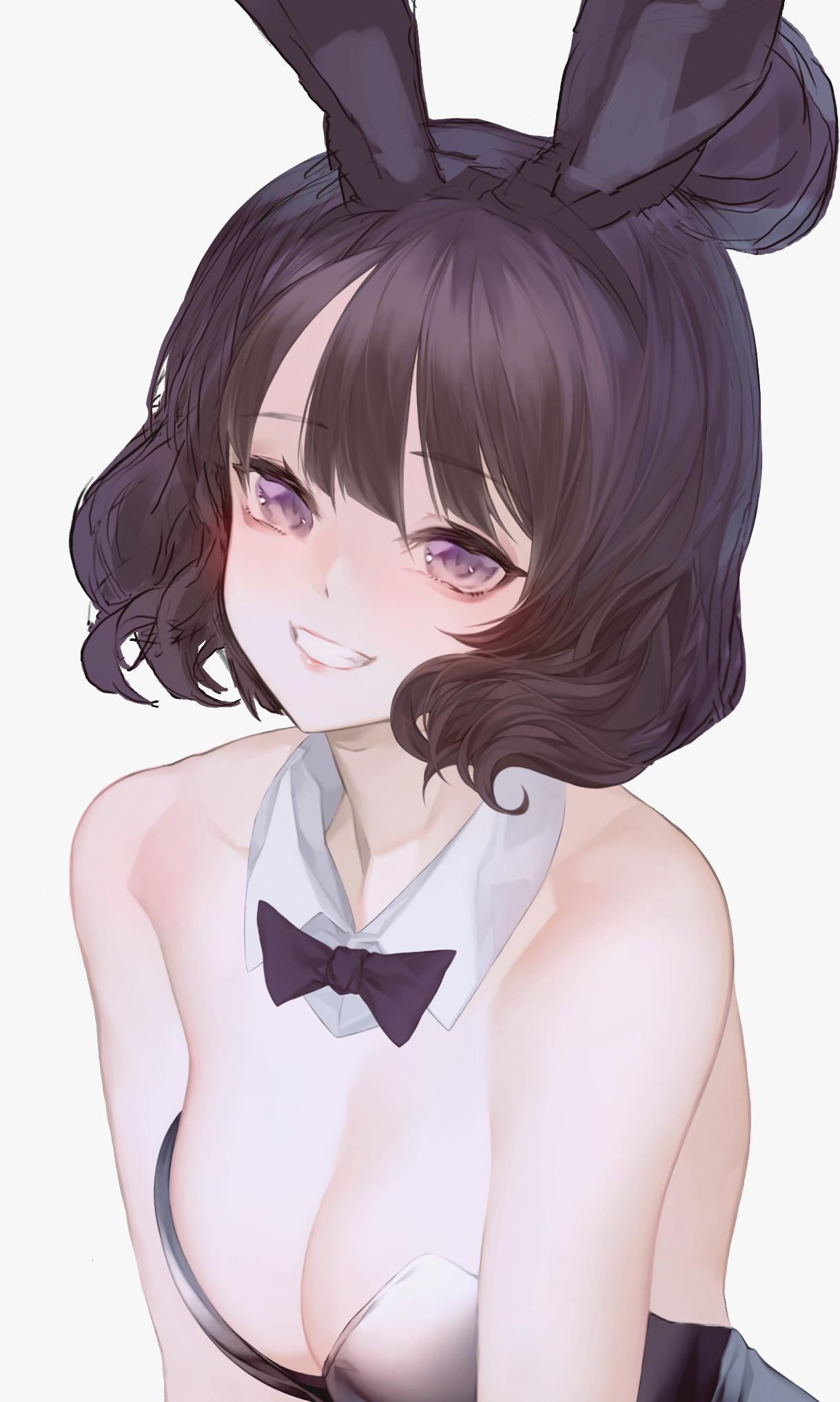 1girl, animal_ears, bangs, bare_shoulders, black_hair, black_neckwear, bow, bowtie, breasts, bunnysuit, close-up, collar, collarbone, commentary, eyebrows_visible_through_hair, hair_between_eyes, hair_ornament, highres, kapa19, looking_at_viewer, medium_hair, necktie, open_mouth, original, rabbit_ears, simple_background, smile, solo, teeth, upper_body, violet_eyes, white_background