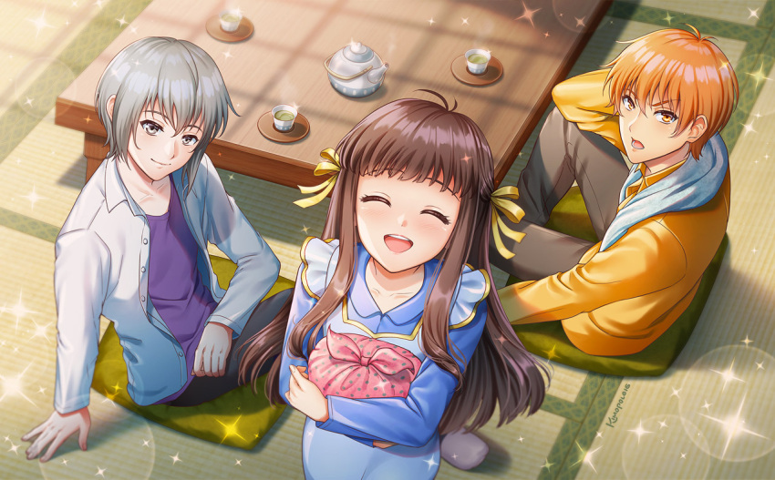 1girl, 2boys, ^_^, apron, artist_name, brown_hair, closed_eyes, collared_shirt