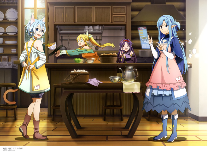4girls, absurdres, animal_ears, artist_request, asuna_(sao), blue_hair, cat_ears, cat_tail
