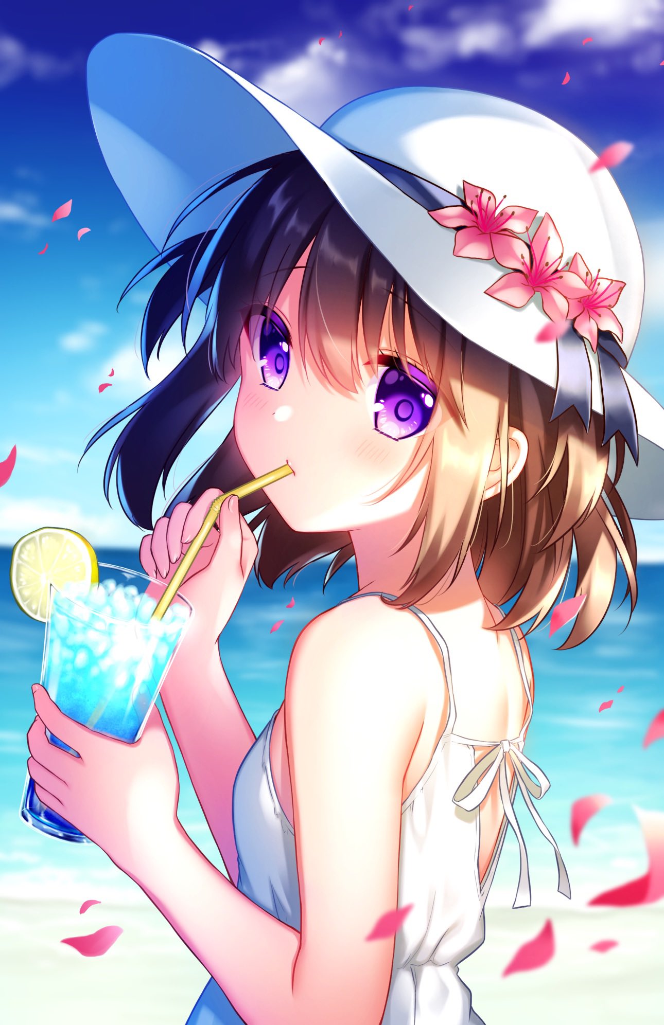 1girl, aimu_(ai_mu3), brown_hair, clouds, cup, dress, drinking_glass, drinking_straw