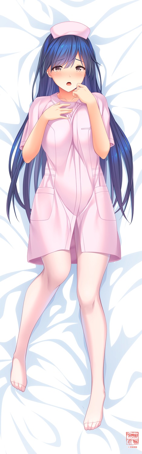 1girl, artist_request, blue_hair, copyright_request, dakimakura, feet, hat, highres