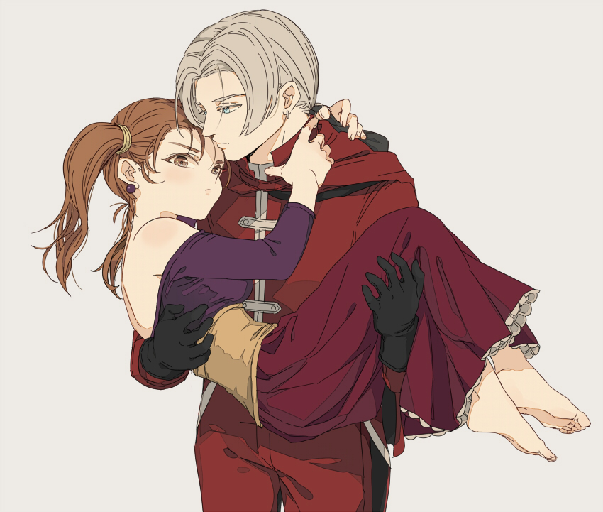 1boy, 1girl, bare_shoulders, breasts, brown_eyes, brown_hair, closed_mouth, commentary_request, corset, dragon_quest, dragon_quest_viii, dress, earrings, feet, jessica_albert, jewelry, kukuru_(dq8), looking_at_viewer, medium_hair, miyama_(kannsannn), purple_shirt, shirt, simple_background, strapless, twintails