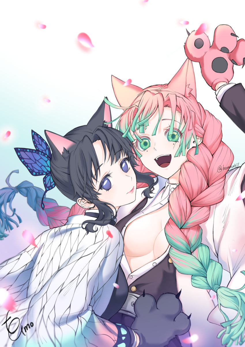 2girls, absurdres, animal_ears, black_eyes, black_hair, braid, breasts, butterfly_hair_ornament
