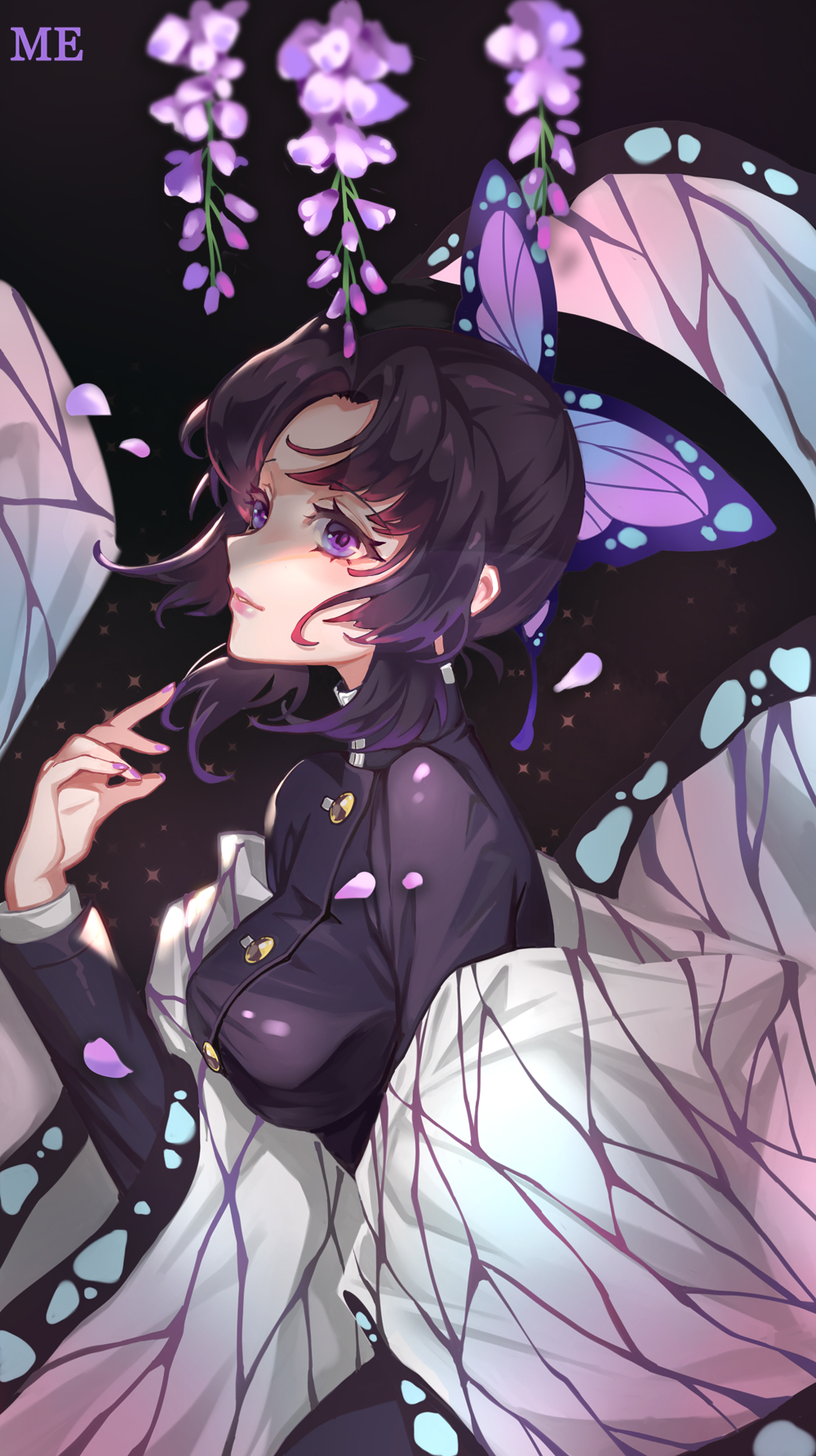 1girl, black_background, breasts, butterfly_hair_ornament, cowboy_shot, flower, hair_ornament, highres