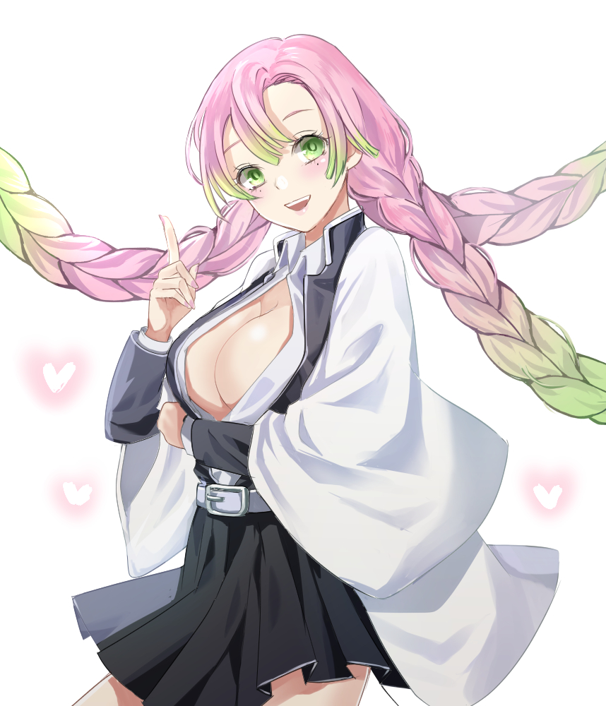 1girl, belt, braid, breasts, gradient_hair, green_eyes, haori, heart