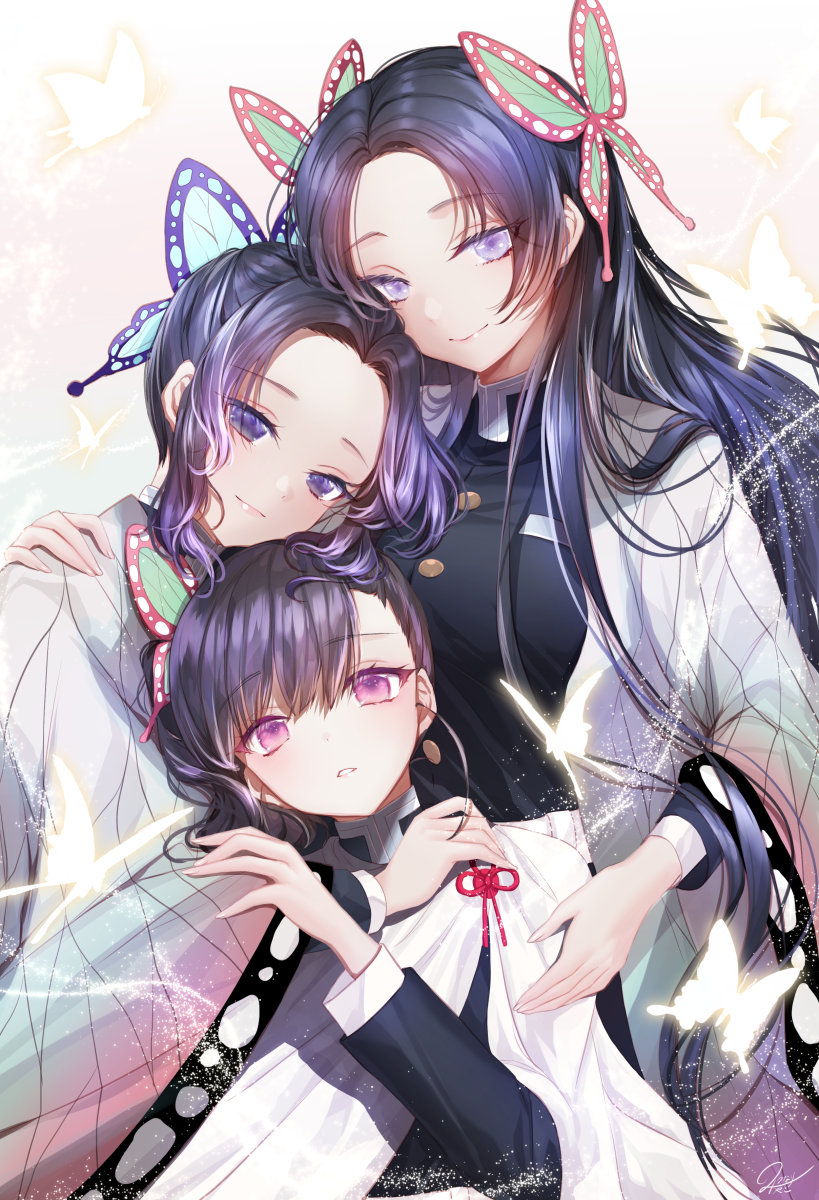 3girls, black_hair, bug, butterfly, butterfly_hair_ornament, hair_ornament, haori, highres, insect, japanese_clothes, kimetsu_no_yaiba, kochou_kanae, kochou_shinobu, long_hair, looking_at_viewer, mitsunari_miyako, multiple_girls, parted_lips, side_ponytail, sidelocks, smile, tsuyuri_kanao, uniform, violet_eyes