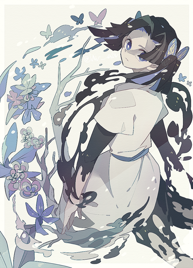 1girl, black_hair, blue_eyes, bug, butterfly, butterfly_hair_ornament, cowboy_shot, flower, hair_ornament, insect, kanzaki_aoi_(kimetsu_no_yaiba), kimetsu_no_yaiba, looking_at_viewer, miha_riko, solo, twintails