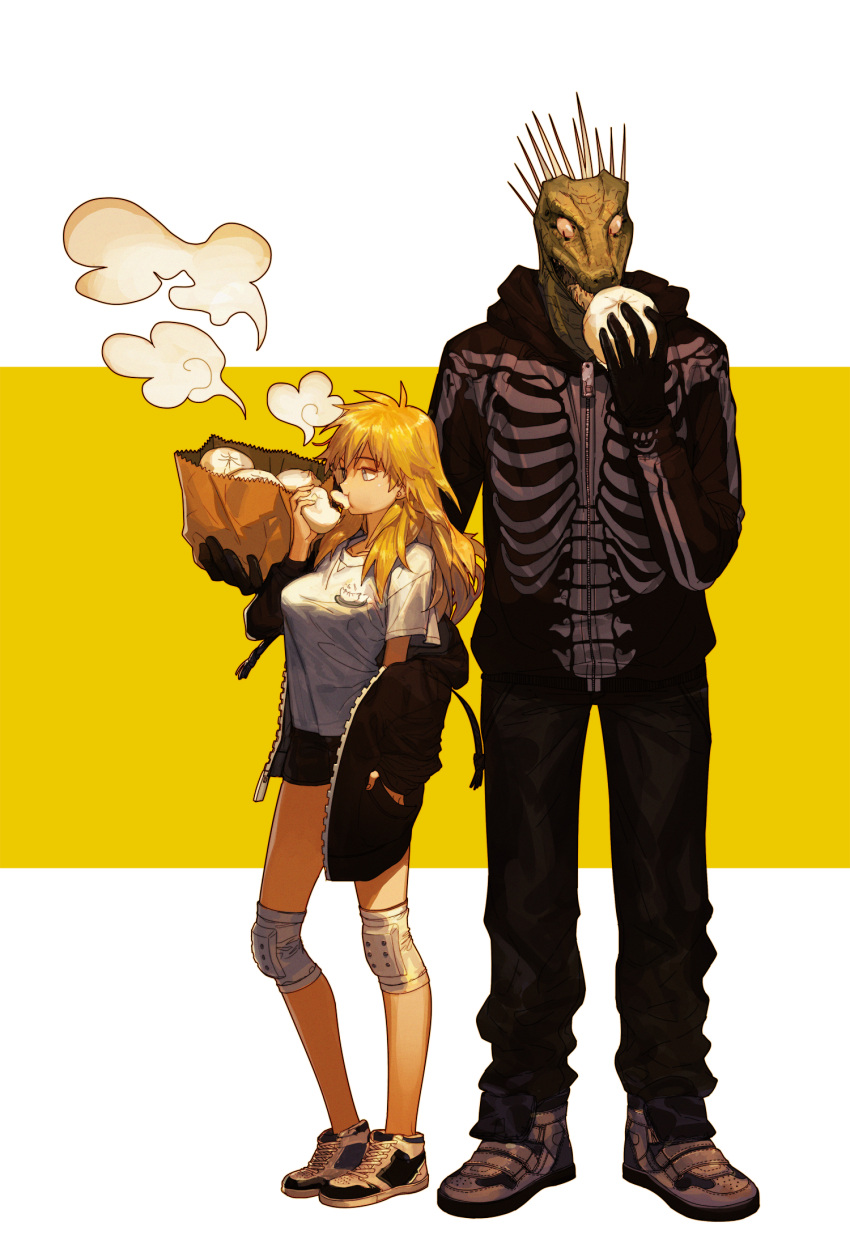 1boy, 1girl, black_hoodie, blonde_hair, bonchocola, breasts, caiman, dorohedoro