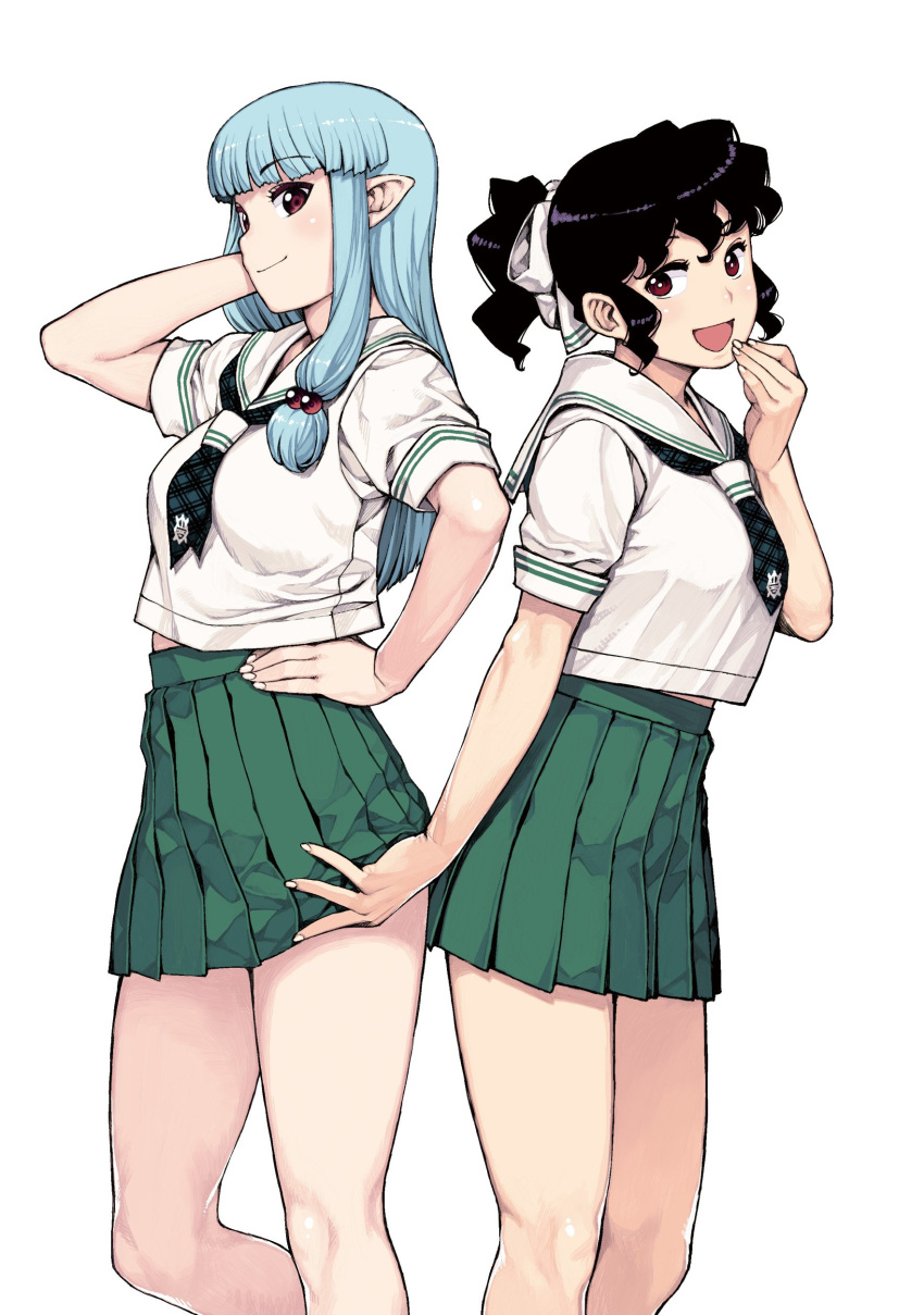 2girls, absurdres, assisted_exposure, bangs, bare_legs, black_hair, blue_hair, curly_hair