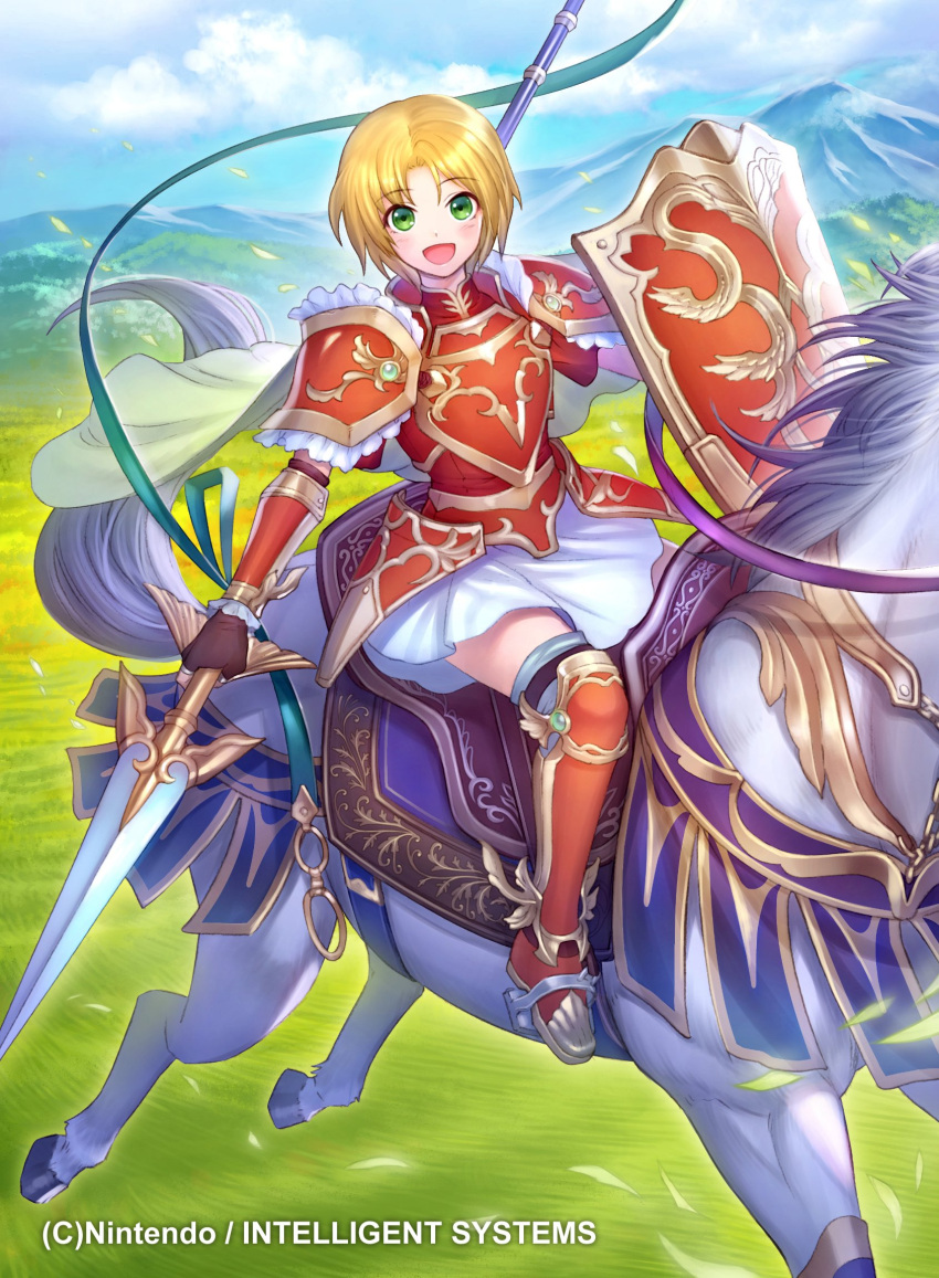 1girl, amelia_(fire_emblem), animal, arm_guards, armor, armored_boots, bangs, blonde_hair, blue_sky, blush, boots, cape, clouds, cloudy_sky, commentary_request, company_connection, copyright_name, day, eyebrows_visible_through_hair, fingerless_gloves, fire_emblem, fire_emblem:_the_sacred_stones, fire_emblem_cipher, frills, gloves, green_eyes, highres, horse, horseback_riding, kh_kyo_hibiki, looking_at_viewer, official_art, open_mouth, outdoors, polearm, riding, shield, short_hair, shoulder_armor, skirt, sky, smile, spear, weapon, white_skirt