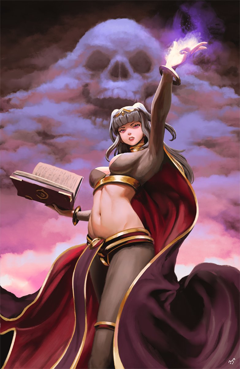 1girl, black_hair, book, bridal_gauntlets, cape, dark_clouds, fire_emblem, fire_emblem_awakening, glowing, glowing_hand, highres, looking_at_viewer, magic, mynare, navel, pelvic_curtain, skull, solo, stomach, tharja, twintails