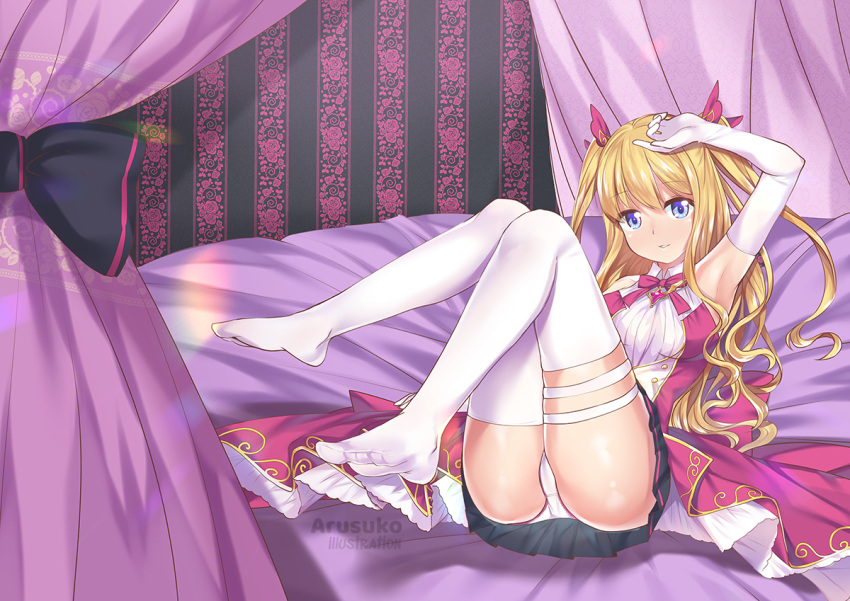 1girl, arm_up, artist_name, arusuko, bed, black_bow, blonde_hair, blue_eyes