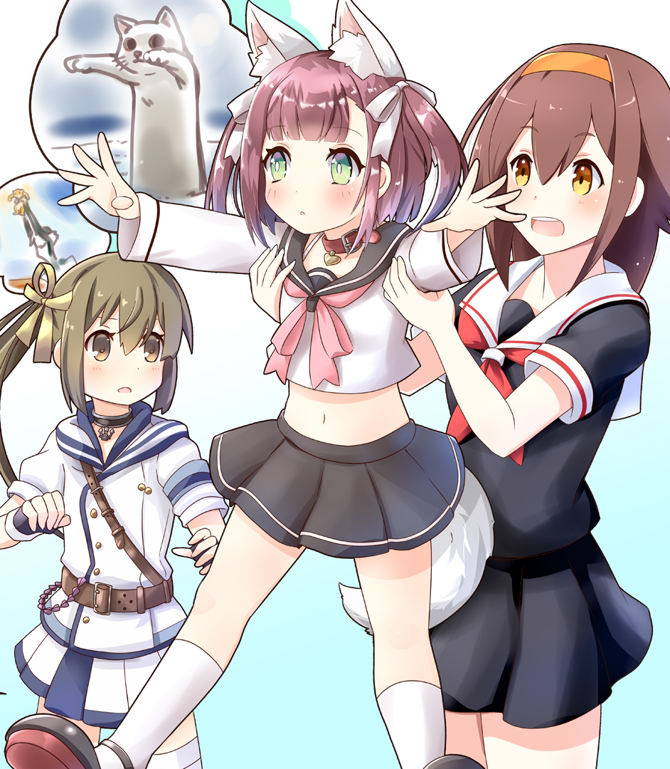 3girls, anchor, animal, animal_ear_fluff, animal_ears, azur_lane, belt, black_gloves, blush, brown_eyes, carrying, cat, cat_ears, cat_tail, collar, crossover, diomedea, disney, extra_ears, fingerless_gloves, gloves, gudon_(iukhzl), hair_ribbon, hairband, heart, holding, kadokawa_games, kantai_collection, long_cat, long_hair, long_sleeves, meme, multiple_girls, navel, open_mouth, parody, pink_eyes, pleated_skirt, ponytail, ribbon, sailor_collar, school_uniform, serafuku, shiratsuyu_(azur_lane), shiratsuyu_(kantai_collection), shiratsuyu_(warship_girls_r), short_hair, short_sleeves, side_ponytail, skirt, tail, the_lion_king, warship_girls_r, white_legwear, yostar_inc.