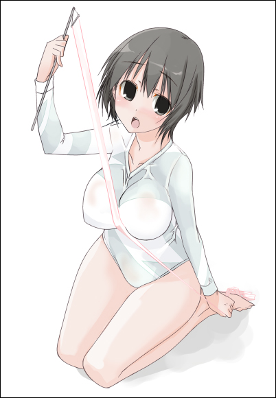 barefoot, between_breasts, black_eyes, black_hair, breasts, gymnastics, hands_on_feet, large_breasts
