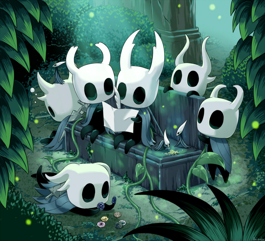 6+others, arizuka_(catacombe), bench, bird, black_skin, cape, chips, commentary_request, feathers, food, helmet, highres, hollow_knight, lying, map, multiple_others, on_stomach, outdoors, sitting, sleeping, white_helmet