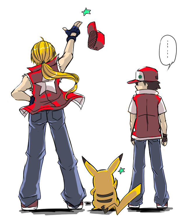1other, 2boys, animal, ass, back, baseball_cap, blonde_hair, creatures_(company), denim, fatal_fury, from_behind, game_freak, gen_1_pokemon, hat, human, jeans, long_hair, mouse, mouse_tail, multiple_boys, nintendo, niyasu, no_eyes, no_mouth, olm_digital, pants, pikachu, pokemon, pokemon_(anime), pokemon_(creature), pokemon_(game), pokemon_rgby, ponytail, red_(pokemon), snk, sora_(company), star, star_print, super_smash_bros., terry_bogard, the_king_of_fighters, throwing_hat, torn_clothes, torn_sleeves, tv_tokyo, vest