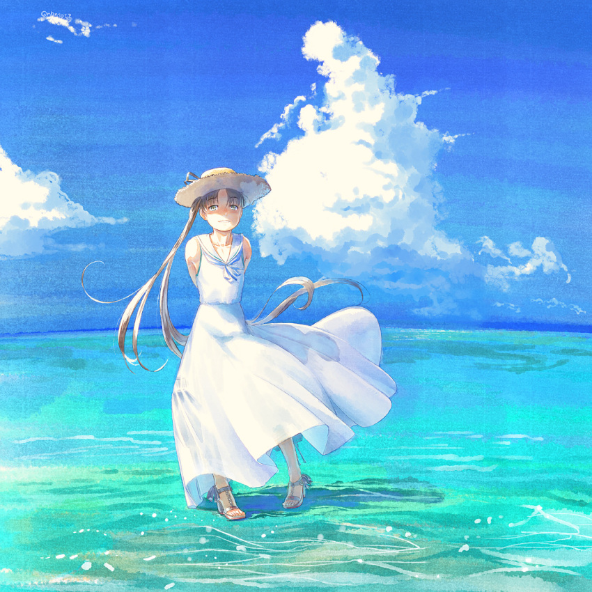 1girl, alternate_costume, arms_behind_back, ayanami_(kantai_collection), bangs, blush, brown_hair, clouds, dress, eyebrows_visible_through_hair, grin, hat, high_heels, highres, kantai_collection, long_hair, nogiguchi_kohiro, ocean, outdoors, ponytail, sailor_collar, sandals, side_ponytail, sky, smile, solo, standing, standing_on_liquid, straw_hat, sundress, very_long_hair, water, white_dress