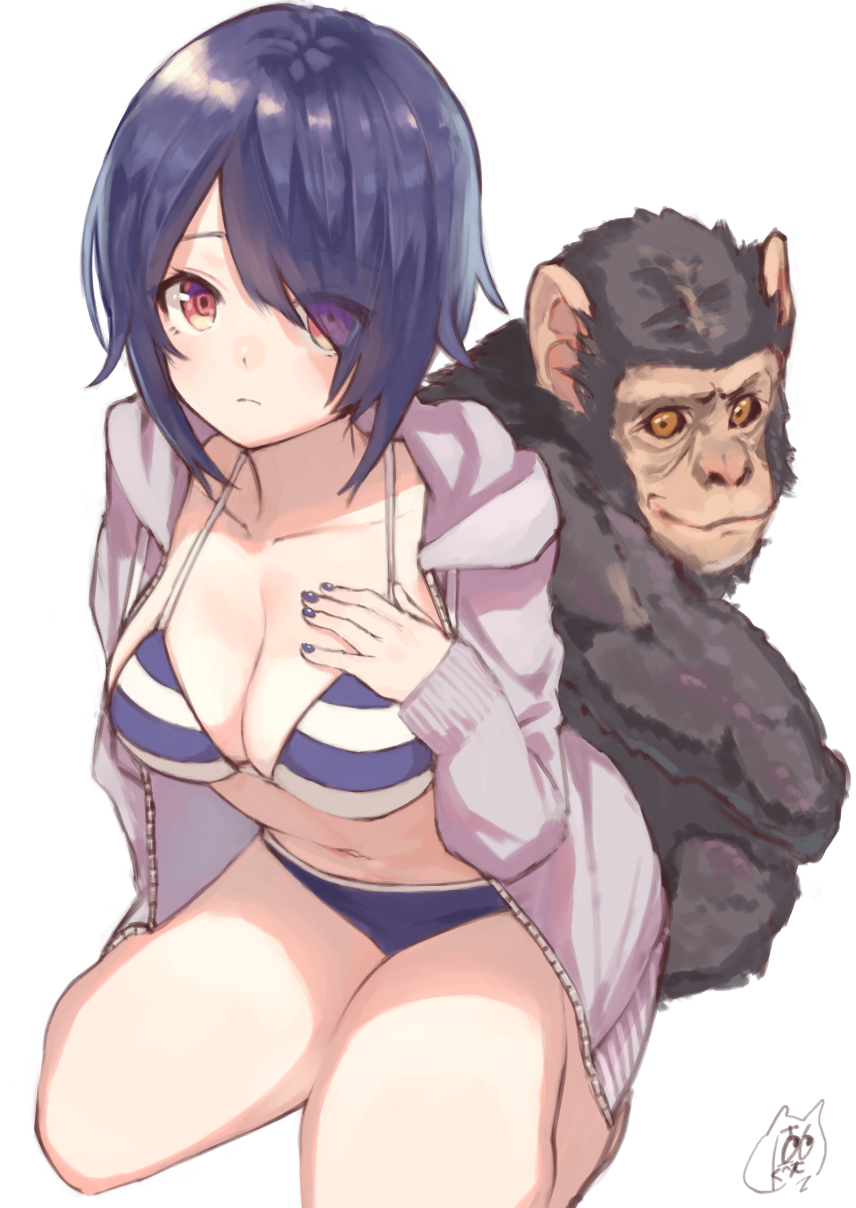 1girl, animal, aogiri_koukou_game_club, bikini, bikini_under_clothes, blue_bikini, blue_hair, breasts