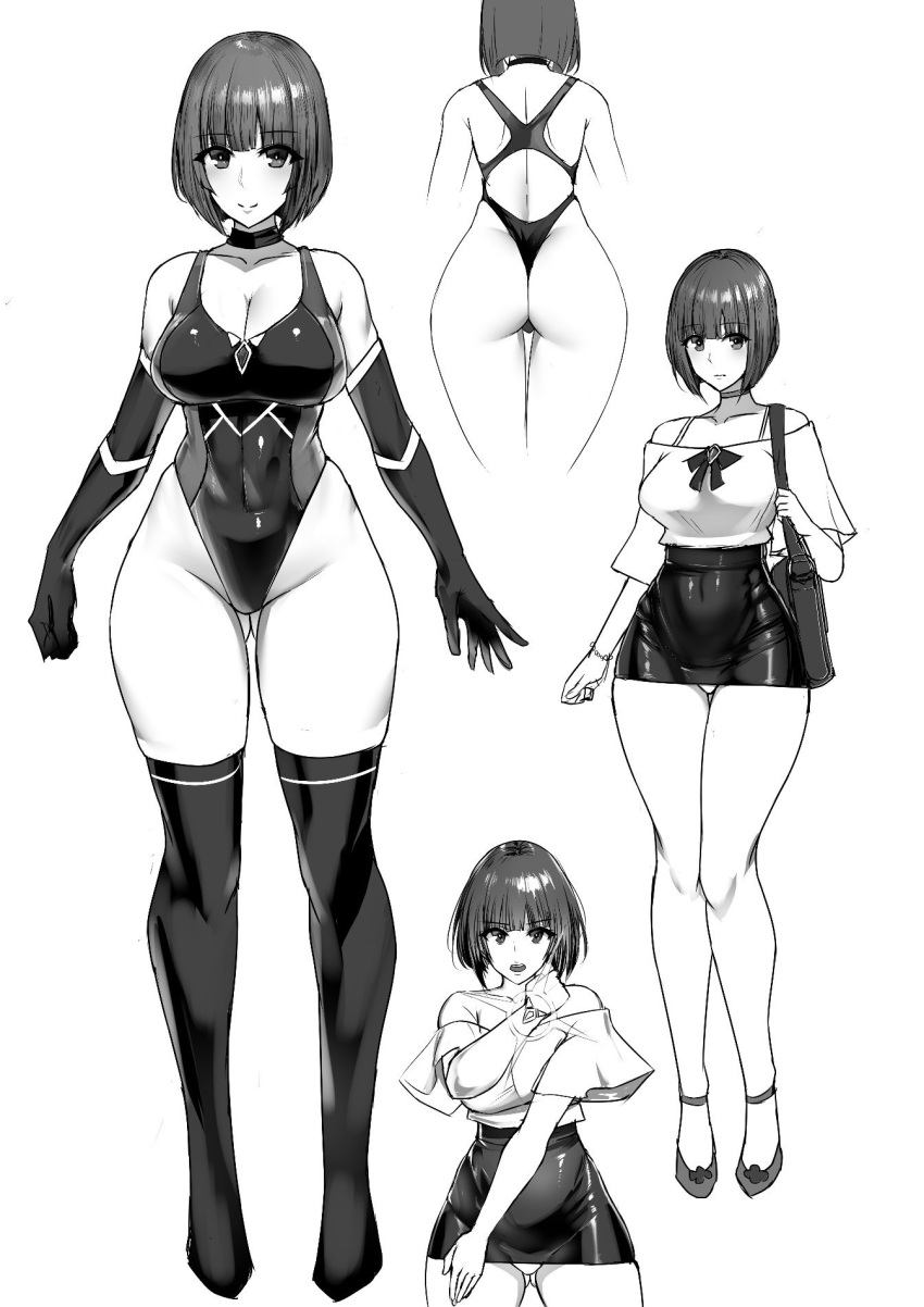 1girl, breasts, character_sheet, covered_navel, dress, greyscale, henshin, henshin_pose, highleg, highleg_leotard, highres, ishimiso_(ishimura), large_breasts, leotard, looking_at_viewer, microdress, microskirt, monochrome, multiple_views, original, panties, pantyshot, pantyshot_(standing), pose, skirt, smile, solo, standing, thigh-highs, transformation, underwear
