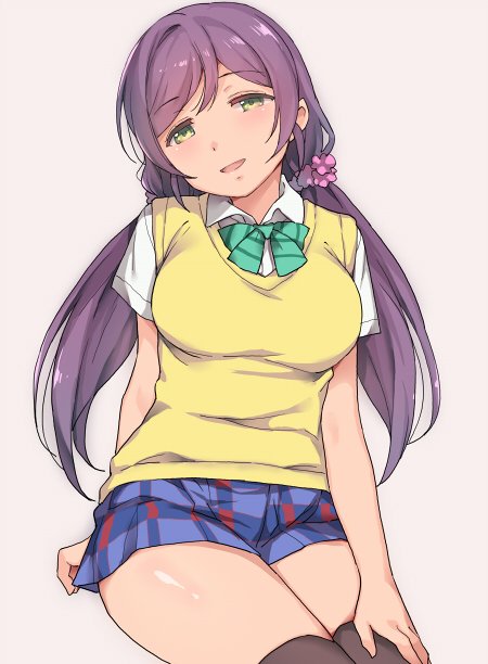 1girl, black_legwear, blue_skirt, bow, bowtie, breasts, deyuuku, eyebrows_visible_through_hair, green_eyes, green_neckwear, hair_ornament, hair_scrunchie, large_breasts, long_hair, love_live!, love_live!_school_idol_project, pink_hair, pink_scrunchie, plaid, plaid_skirt, purple_hair, school_uniform, scrunchie, shirt, short_sleeves, simple_background, skirt, solo, thigh-highs, toujou_nozomi, twintails, white_shirt