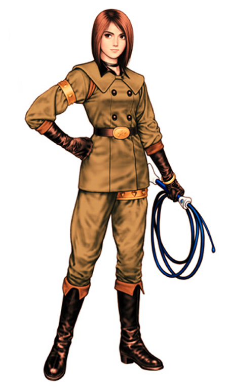 1girl, belt, boots, brown_hair, choker, closed_mouth, female, full_body, gloves, hand_on_hip, holding, holding_whip, king_of_fighters, medium_hair, military, military_uniform, official_art, pants, shinkiro, shoes, simple_background, snk, solo, standing, uniform, whip, whip_(kof), whip_(snk), white_background