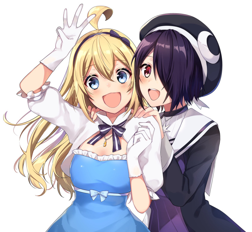 2girls, aogiri_koukou_game_club, black_hairband, blonde_hair, dress, hairband, highres, layered_dress
