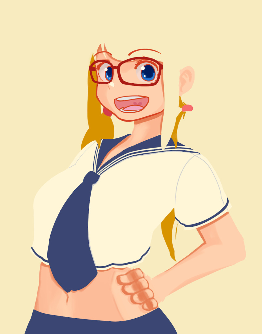 1girl, alternate_costume, alternate_hairstyle, bespectacled, blonde_hair, blue_eyes, blue_neckwear, breasts