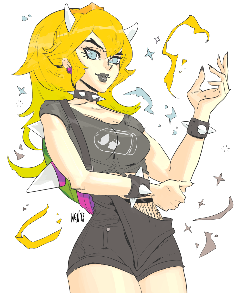 1girl, 2018, blonde_hair, blue_eyes, bowsette, bracelet, breasts, bullet_bill, casual, collar, crown, earrings, eyeliner, fang, felipe_magana, fingernails, fishnets, front-tie_top, grey_lipstick, highres, horns, jewelry, makeup, super_mario_bros., medium_breasts, new_super_mario_bros._u_deluxe, no_tail, ponytail, punk, sharp_fingernails, shirt, shorts, solo, spiked_bracelet, spiked_collar, spiked_shell, spikes, standing, suspender_shorts, suspenders, t-shirt, thick_eyebrows, turtle_shell