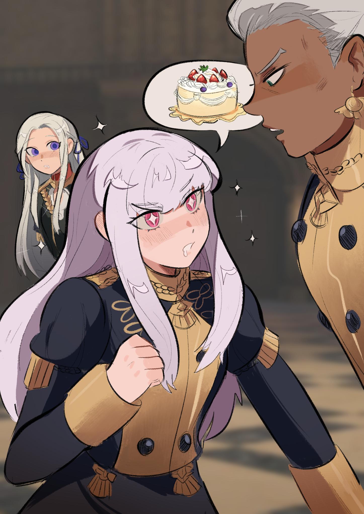 1boy, 2girls, bangs, blonde_hair, blue_eyes, blush, cake, cape