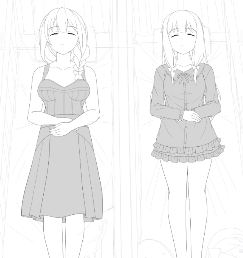 2girls, bow, closed_eyes, coffin, corpse, dress, eromanga_sensei, funeral