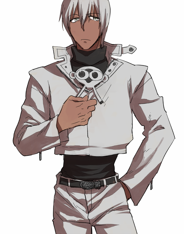 1boy, belt, black_sweater, closed_mouth, collar, dark_skin, housui_(g3hopes), jacket